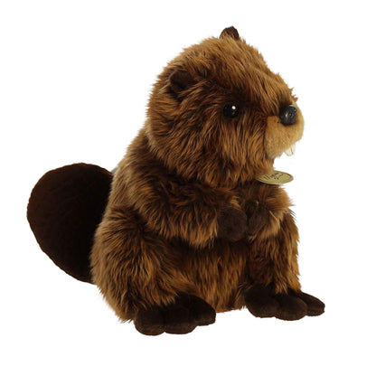 Aurora Miyoni Beaver lifelike plush stuffed animal sitting with a furry brown coat, a long tail, and prominent white front teeth.