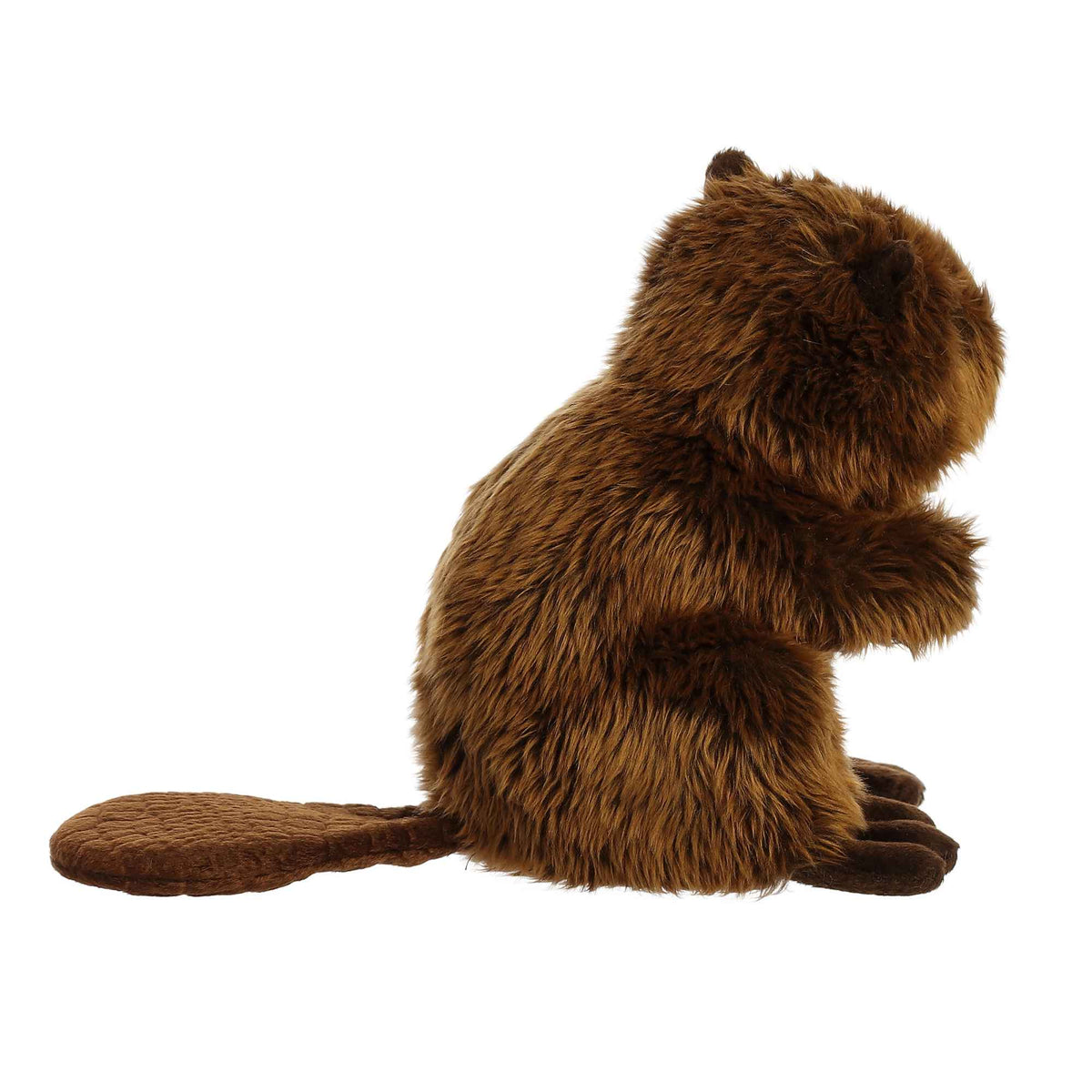 Aurora Miyoni Beaver lifelike plush stuffed animal sitting with a furry brown coat, a long tail, and prominent white front teeth.