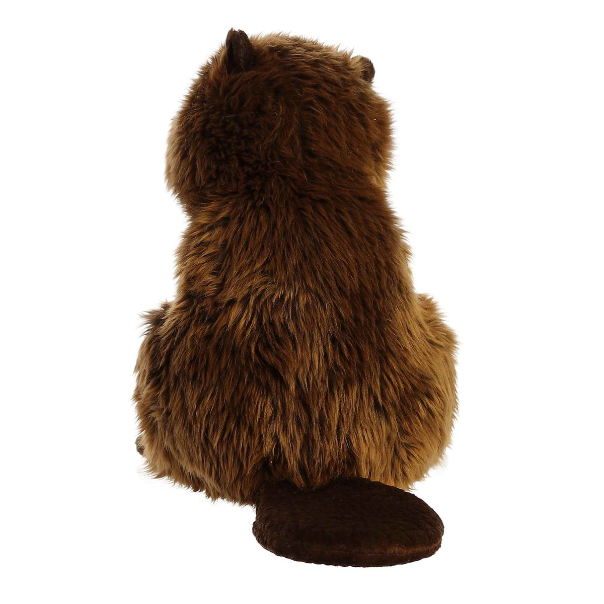 Aurora Miyoni Beaver lifelike plush stuffed animal sitting with a furry brown coat, a long tail, and prominent white front teeth.