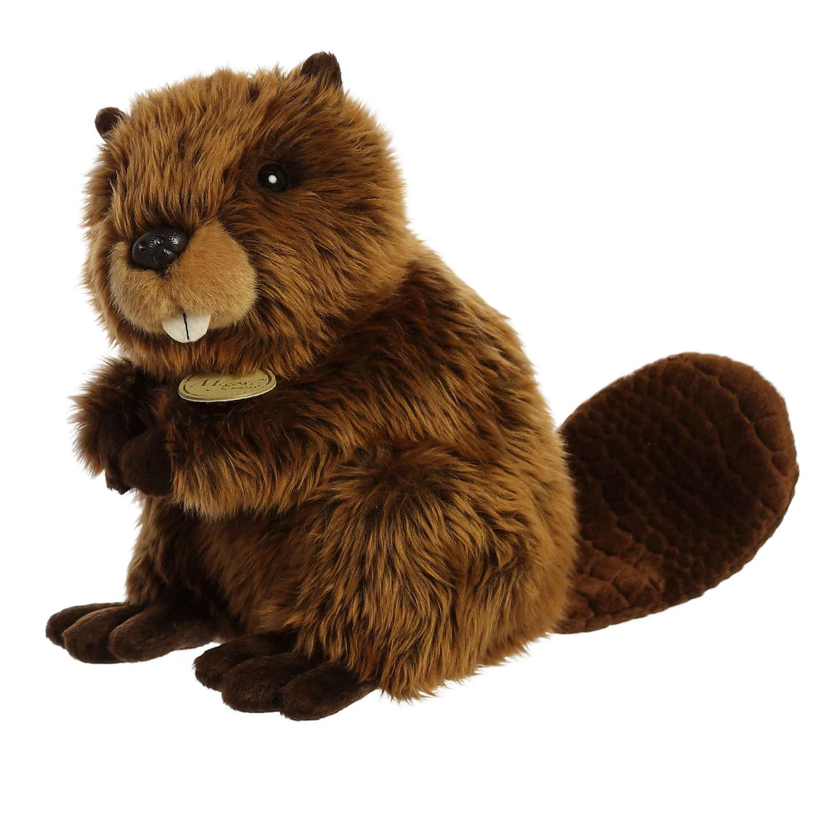 Aurora Miyoni Beaver lifelike plush stuffed animal sitting with a furry brown coat, a long tail, and prominent white front teeth.