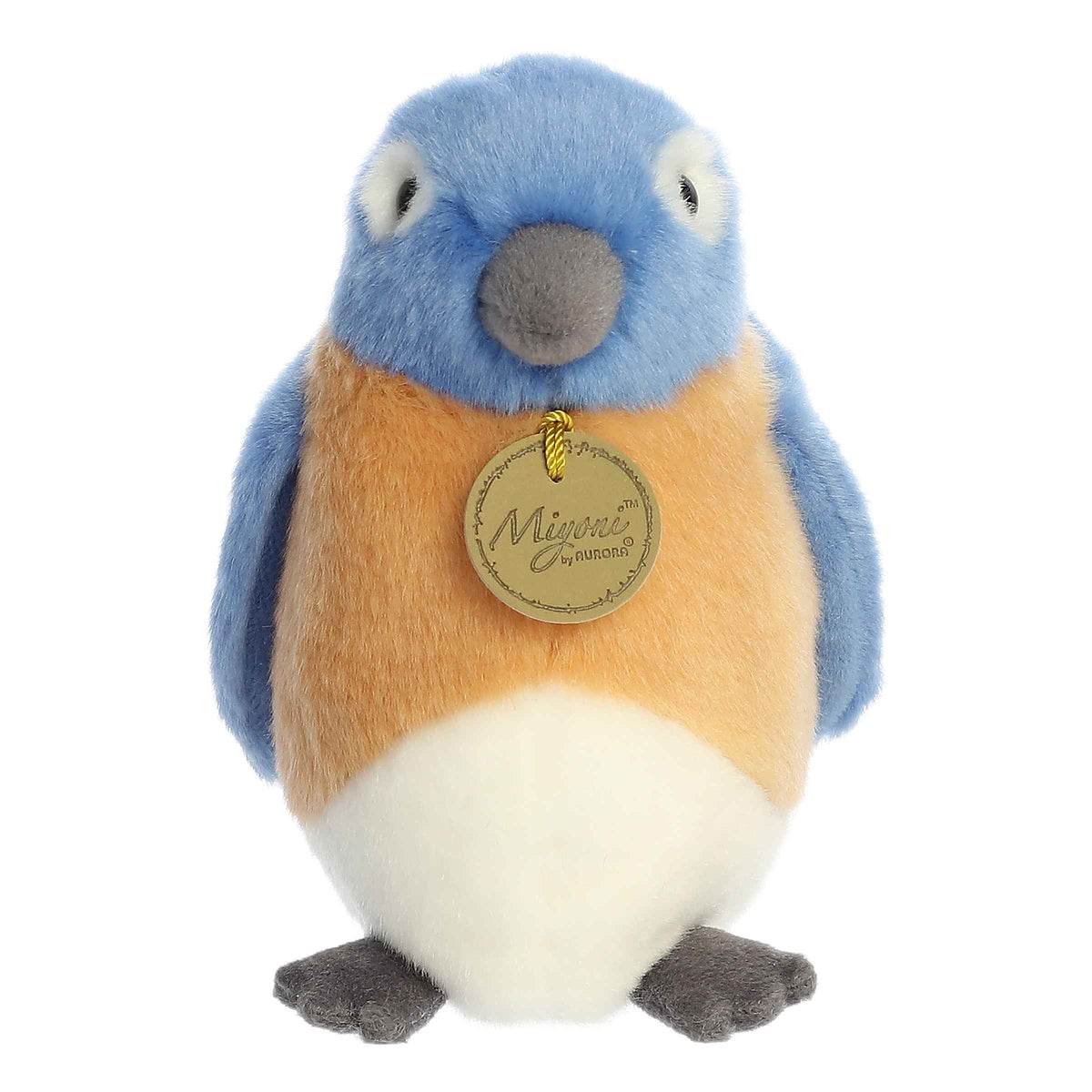 Aurora Miyoni Bluebird lifelike plush stuffed animal sitting with vibrant blue and orange plumage and soulful eyes.