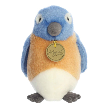 Aurora Miyoni Bluebird lifelike plush stuffed animal sitting with vibrant blue and orange plumage and soulful eyes.