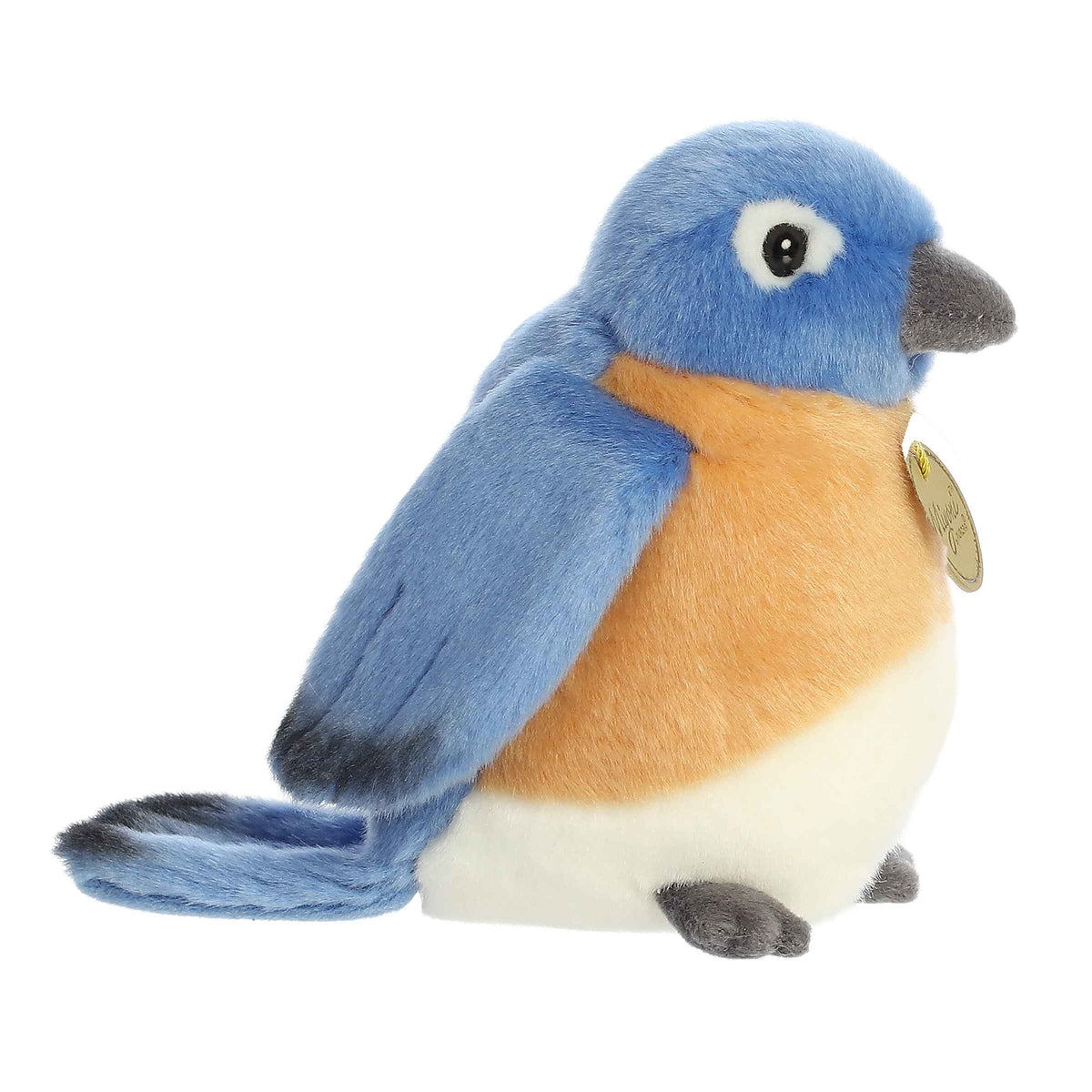 Aurora Miyoni Bluebird lifelike plush stuffed animal sitting with vibrant blue and orange plumage and soulful eyes.
