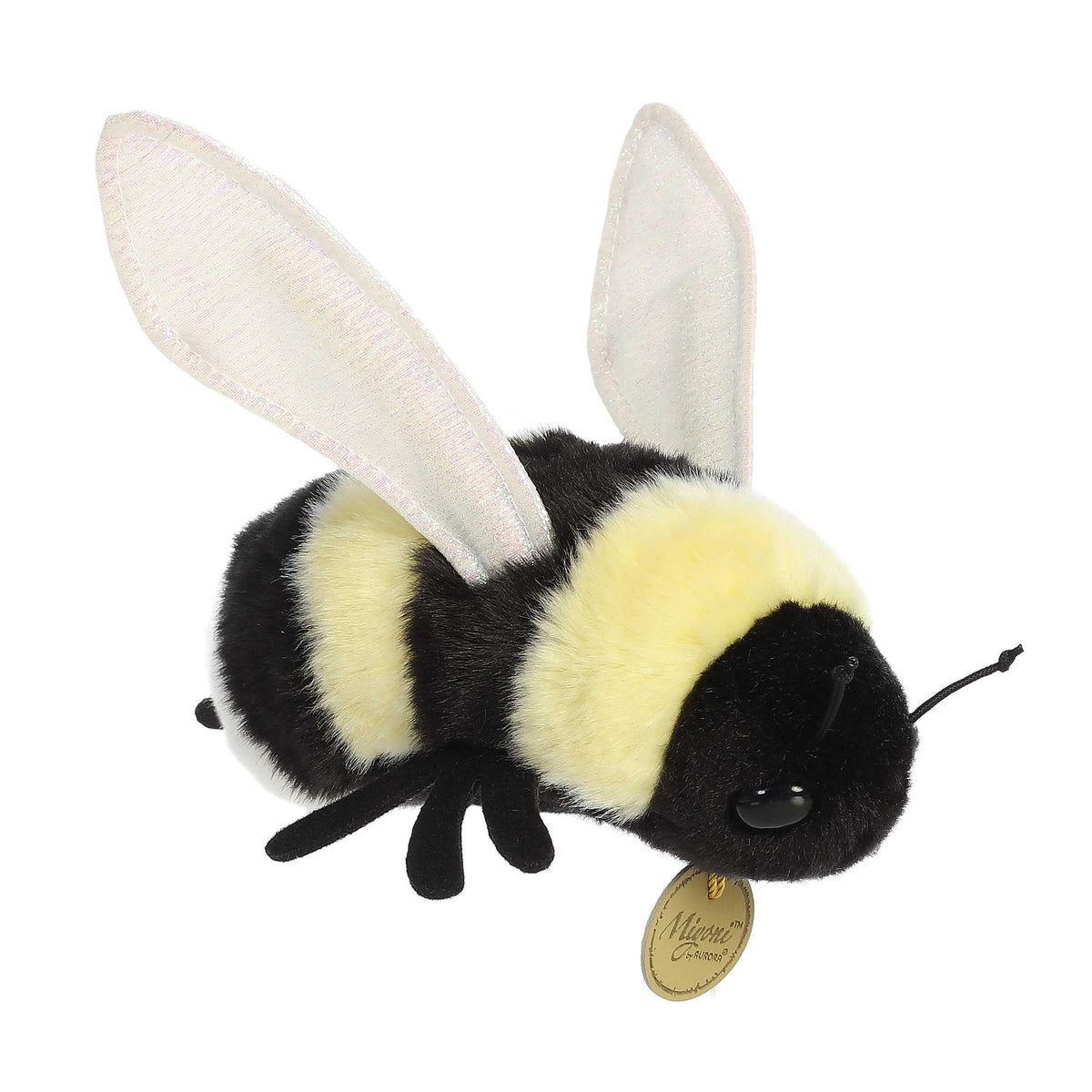 Aurora Miyoni Bumblebee lifelike plush stuffed animal featuring black and yellow fluffy stripes, white wings, and black antennae.
