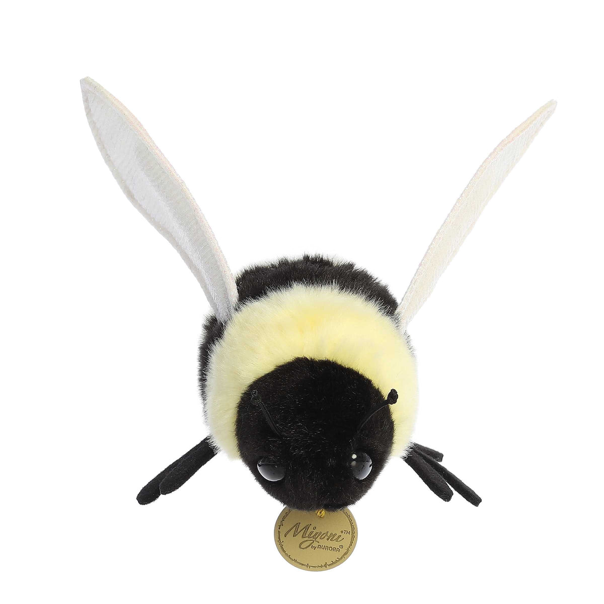 Aurora Miyoni Bumblebee lifelike plush stuffed animal featuring black and yellow fluffy stripes, white wings, and black antennae.