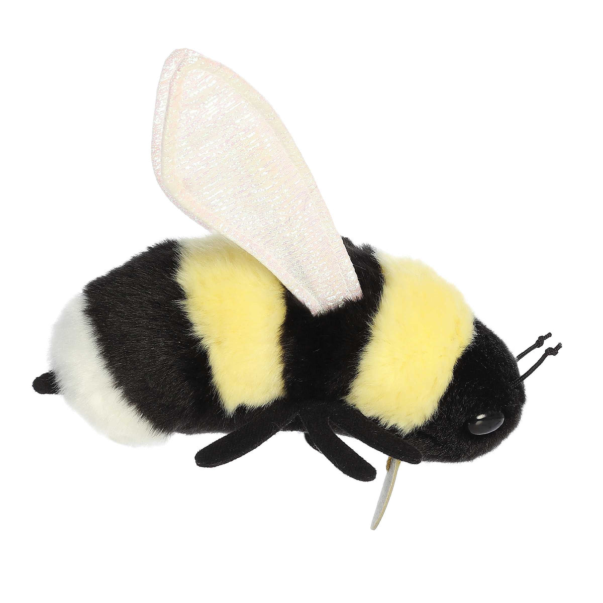 Aurora Miyoni Bumblebee lifelike plush stuffed animal featuring black and yellow fluffy stripes, white wings, and black antennae.