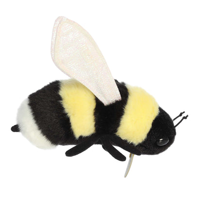 Aurora Miyoni Bumblebee lifelike plush stuffed animal featuring black and yellow fluffy stripes, white wings, and black antennae.