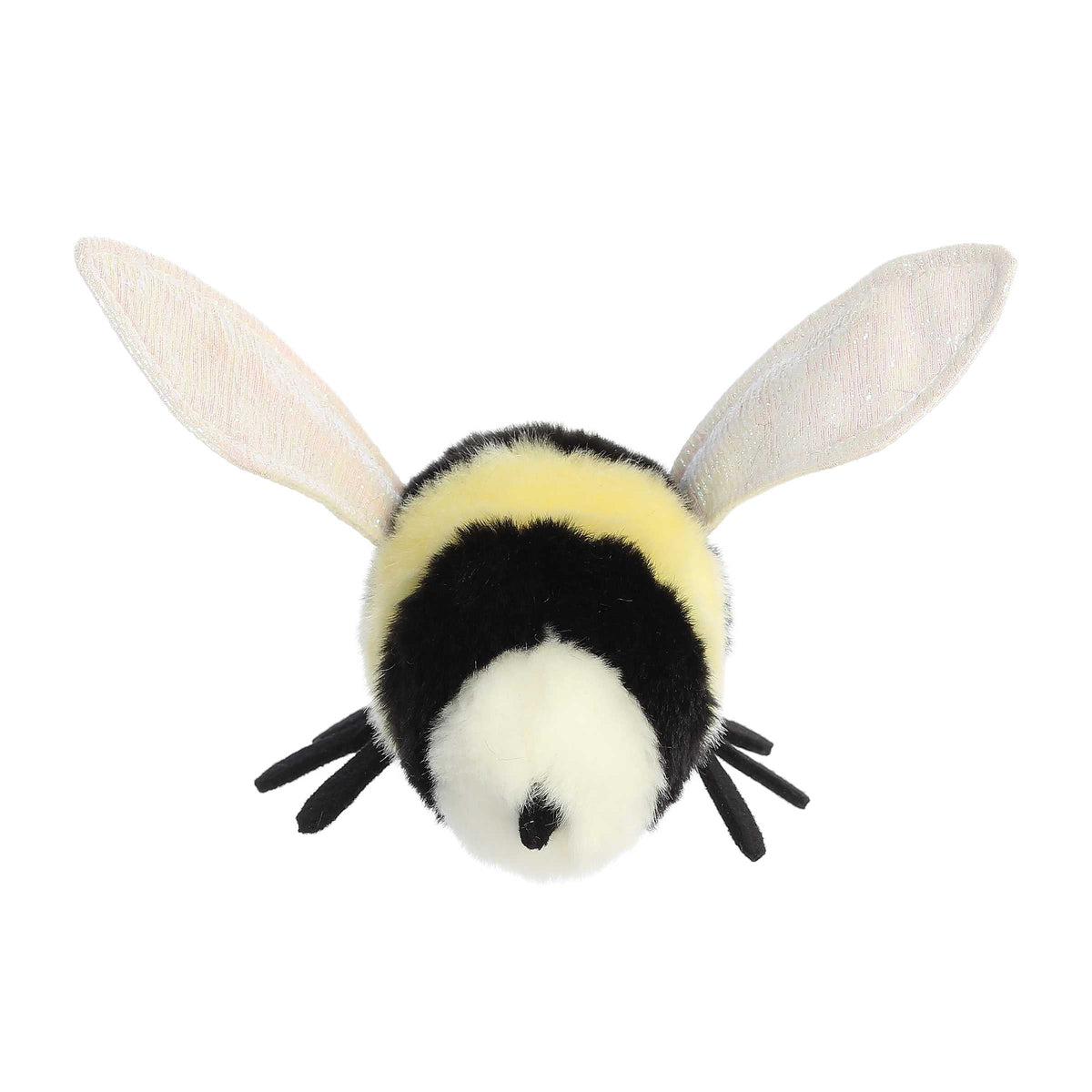 Aurora Miyoni Bumblebee lifelike plush stuffed animal featuring black and yellow fluffy stripes, white wings, and black antennae.