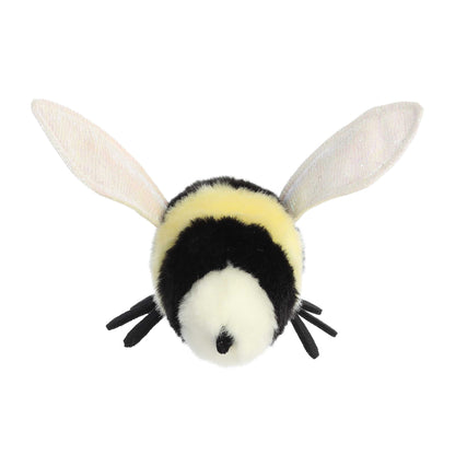 Aurora Miyoni Bumblebee lifelike plush stuffed animal featuring black and yellow fluffy stripes, white wings, and black antennae.