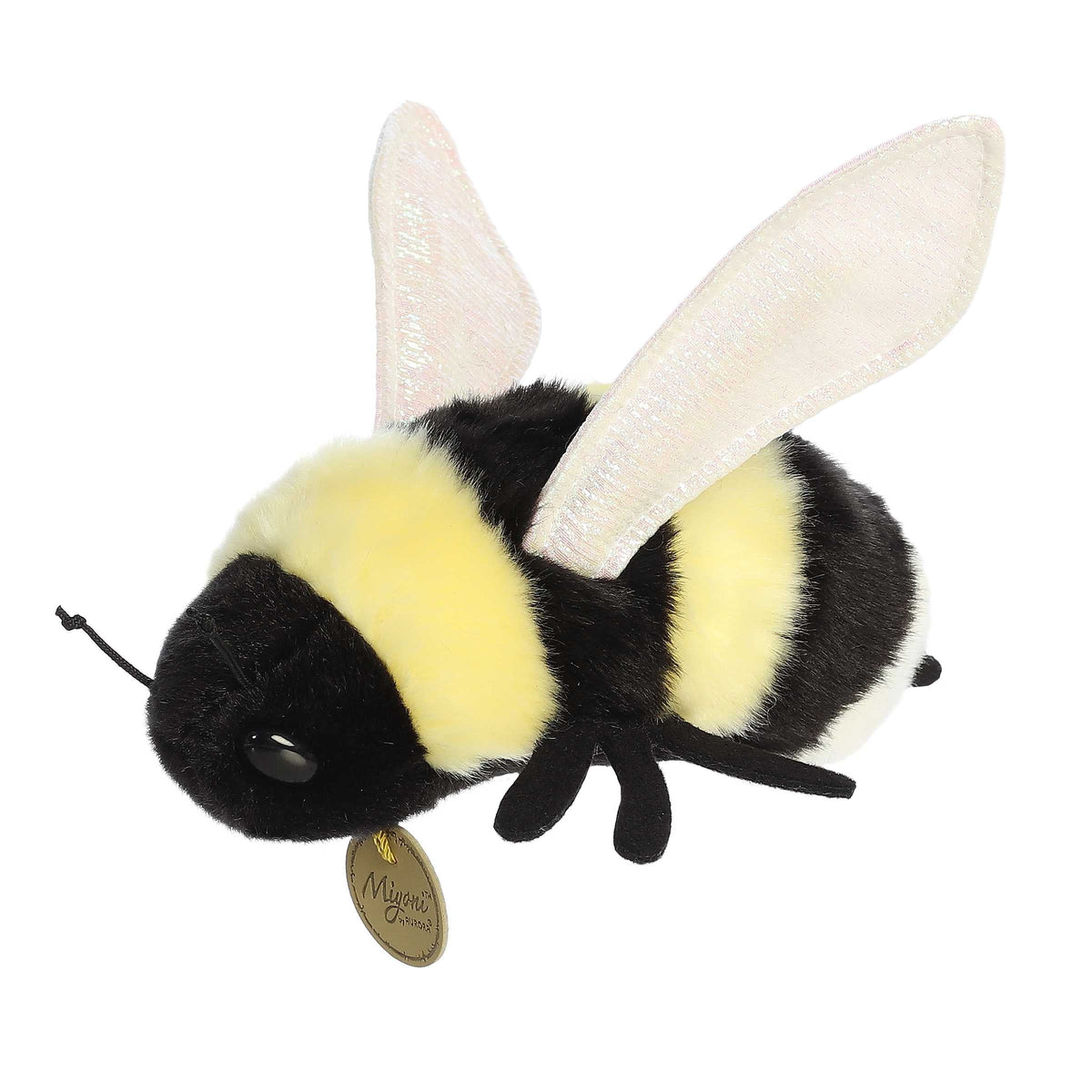 Aurora Miyoni Bumblebee lifelike plush stuffed animal featuring black and yellow fluffy stripes, white wings, and black antennae.