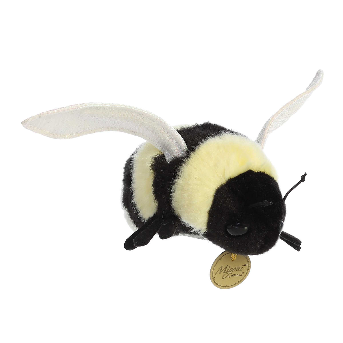Aurora Miyoni Bumblebee lifelike plush stuffed animal featuring black and yellow fluffy stripes, white wings, and black antennae.
