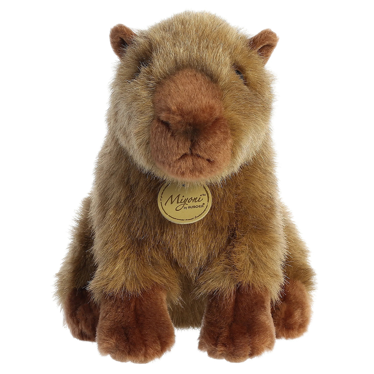 Aurora Miyoni Capybara lifelike plush stuffed animal with a sturdy sitting posture, rich brown textured fur, and gentle black eyes.