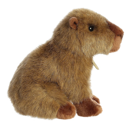 Aurora Miyoni Capybara lifelike plush stuffed animal with a sturdy sitting posture, rich brown textured fur, and gentle black eyes.