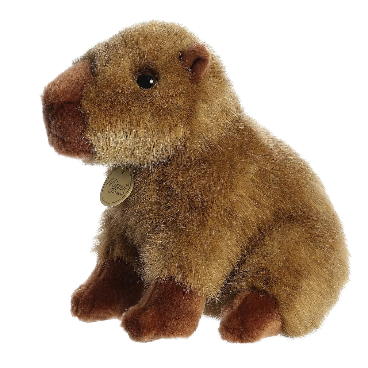 Aurora Miyoni Capybara lifelike plush stuffed animal with a sturdy sitting posture, rich brown textured fur, and gentle black eyes.