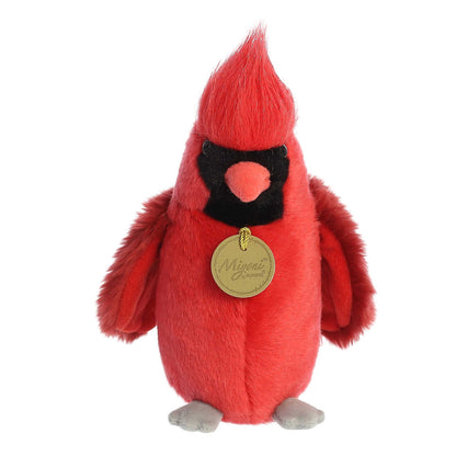 Aurora Miyoni Cardinal lifelike plush stuffed animal sitting with vivid red plumage, a black mask around its eyes, and grey feet.