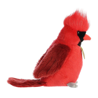Aurora Miyoni Cardinal lifelike plush stuffed animal sitting with vivid red plumage, a black mask around its eyes, and grey feet.