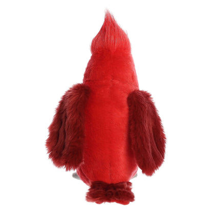 Aurora Miyoni Cardinal lifelike plush stuffed animal sitting with vivid red plumage, a black mask around its eyes, and grey feet.