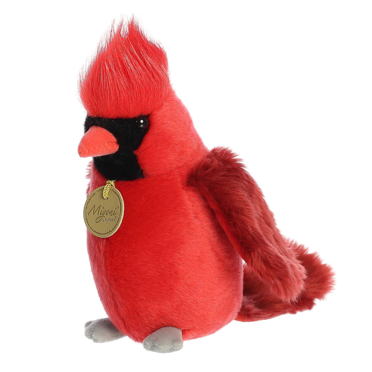 Aurora Miyoni Cardinal lifelike plush stuffed animal sitting with vivid red plumage, a black mask around its eyes, and grey feet.