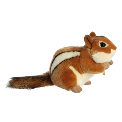 Aurora Miyoni Chipmunk plush stuffed animal featuring a light brown coat, white stripes, and a bushy tail sitting upright.