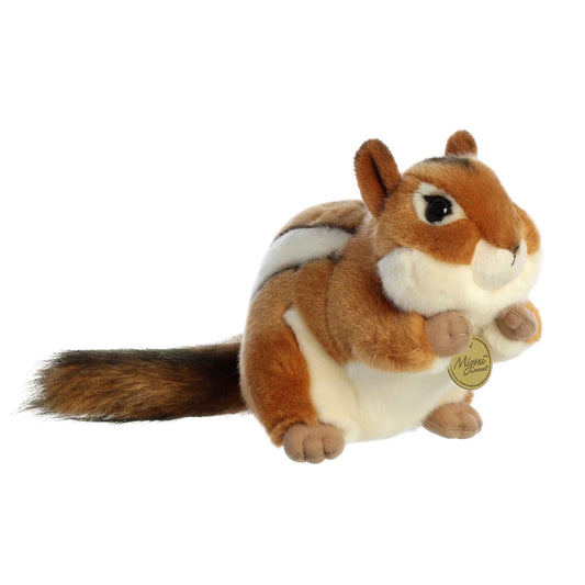 Aurora Miyoni Chipmunk plush stuffed animal featuring a light brown coat, white stripes, and a bushy tail sitting upright.