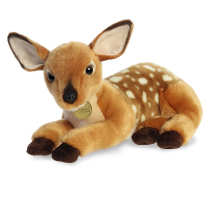 Aurora Miyoni Deer fawn plush stuffed animal featuring a spotted tan coat and expressive ears in a resting pose.