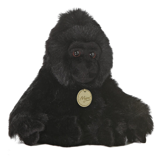 Aurora Miyoni Gorilla plush stuffed animal featuring realistic jet-black fur and expressive eyes sitting upright.