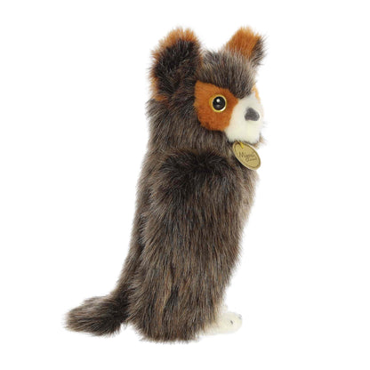 Angled view of Aurora Miyoni Great Horned Owl 11-inch plush soft toy