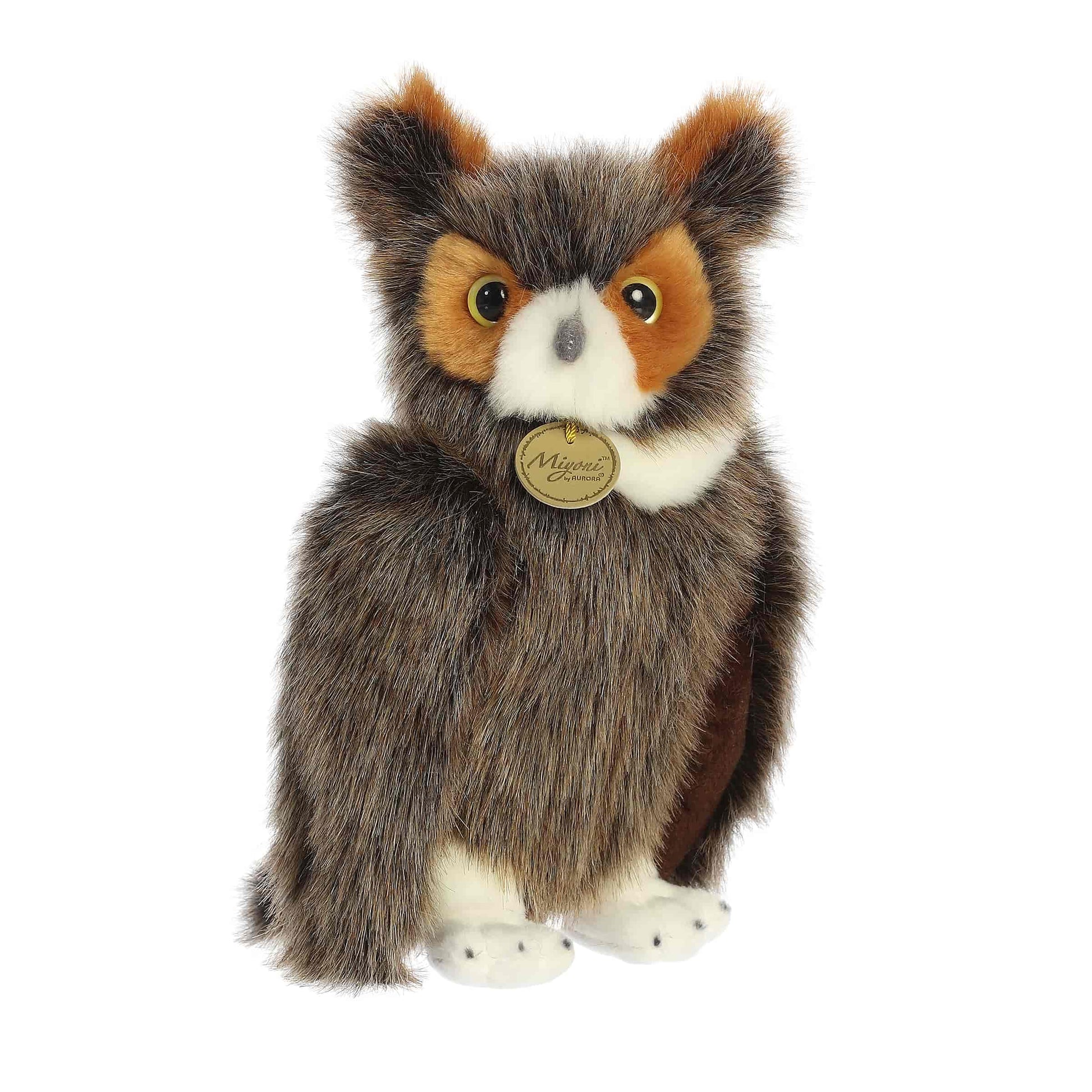 Aurora Miyoni Great Horned Owl 11-inch plush soft toy, a realistic brown owl with ear tufts and yellow eyes.
