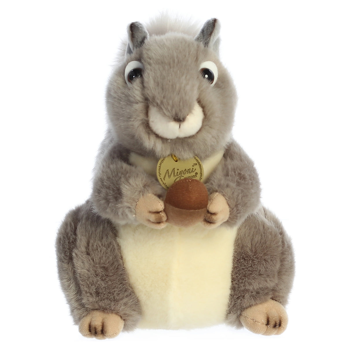 Aurora Miyoni Grey Squirrel lifelike plush stuffed animal sitting with an acorn, grey fur, and a bushy tail.
