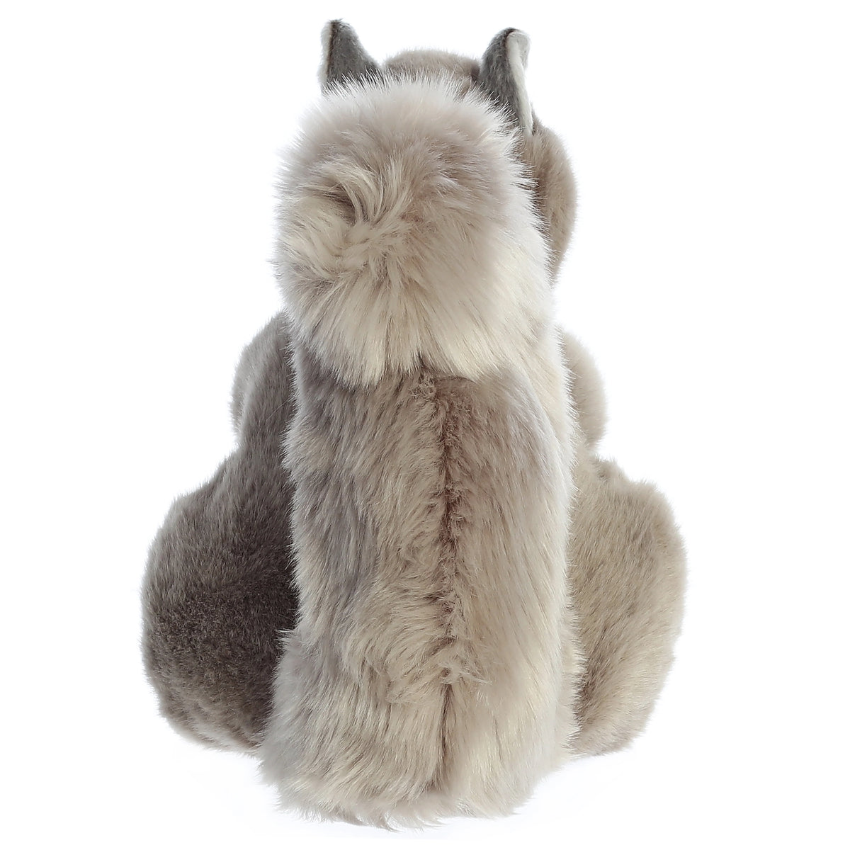 Aurora Miyoni Grey Squirrel lifelike plush stuffed animal sitting with an acorn, grey fur, and a bushy tail.