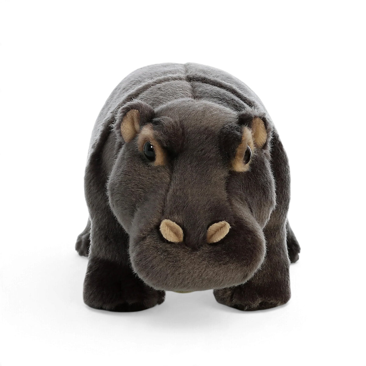 Aurora Miyoni Hippopotamus plush stuffed animal featuring realistic grey fur and sculpted details in a resting pose.