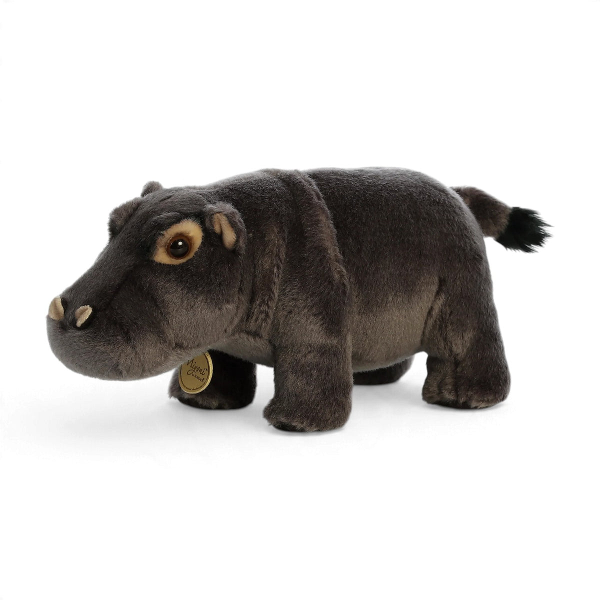 Aurora Miyoni Hippopotamus plush stuffed animal featuring realistic grey fur and sculpted details in a resting pose.