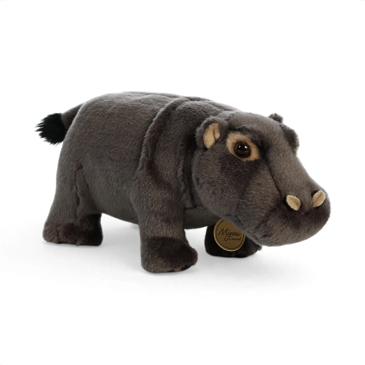 Aurora Miyoni Hippopotamus plush stuffed animal featuring realistic grey fur and sculpted details in a resting pose.