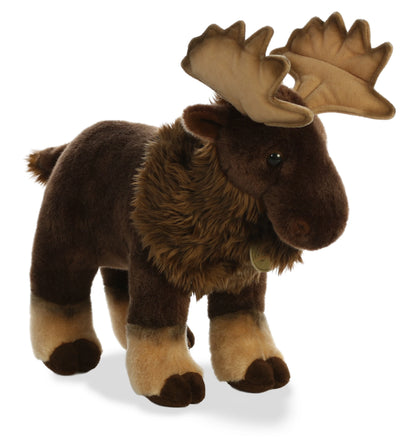 Aurora Miyoni Moose lifelike plush stuffed animal standing with brown fur, a detailed face, and an impressive set of antlers.