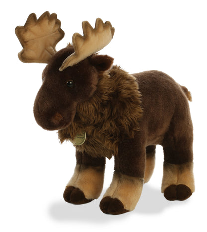 Aurora Miyoni Moose lifelike plush stuffed animal standing with brown fur, a detailed face, and an impressive set of antlers.