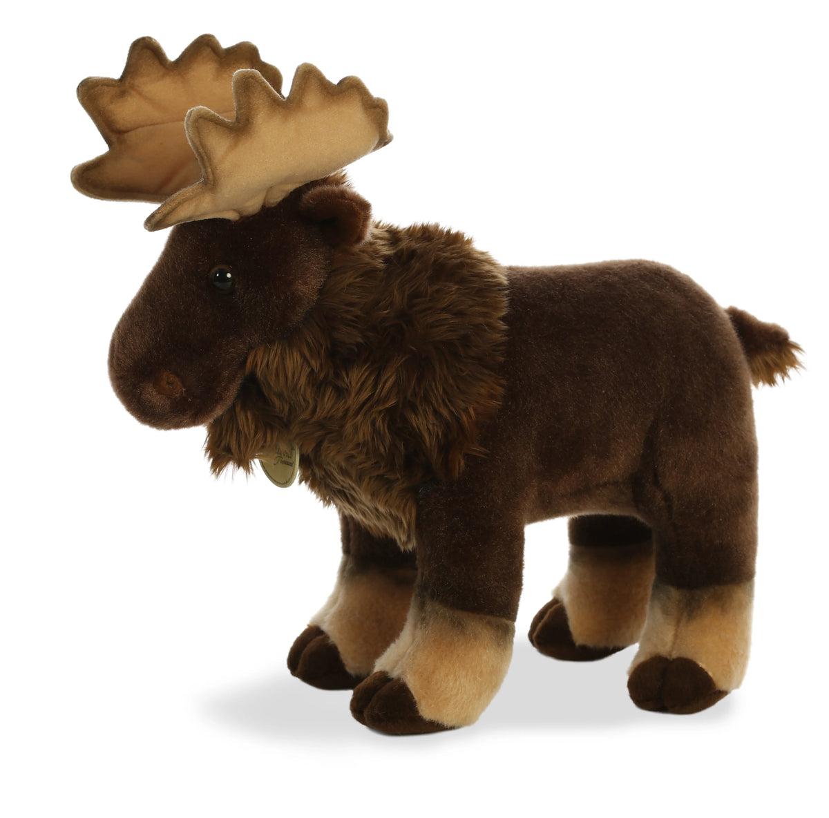 Aurora Miyoni Moose lifelike plush stuffed animal standing with brown fur, a detailed face, and an impressive set of antlers.