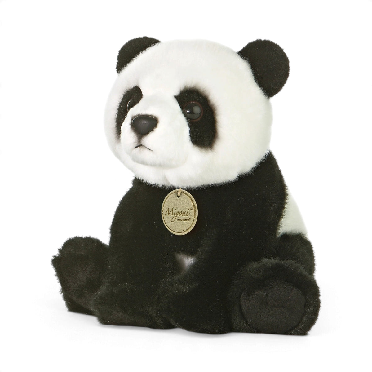 Aurora Miyoni Panda plush stuffed animal featuring realistic black and white fur sitting upright.