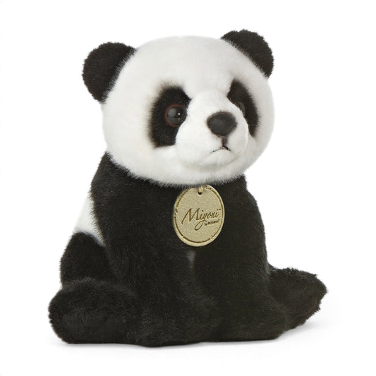 Aurora Miyoni Panda plush stuffed animal featuring realistic black and white fur sitting upright.