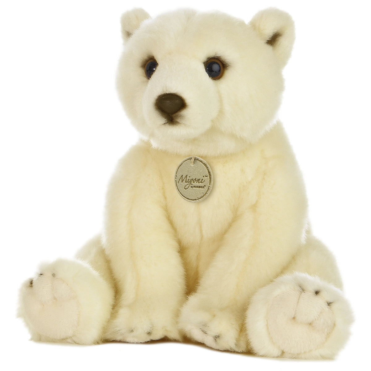 Aurora Miyoni Polar Bear lifelike plush stuffed animal sitting with snowy white fur and expressive eyes.