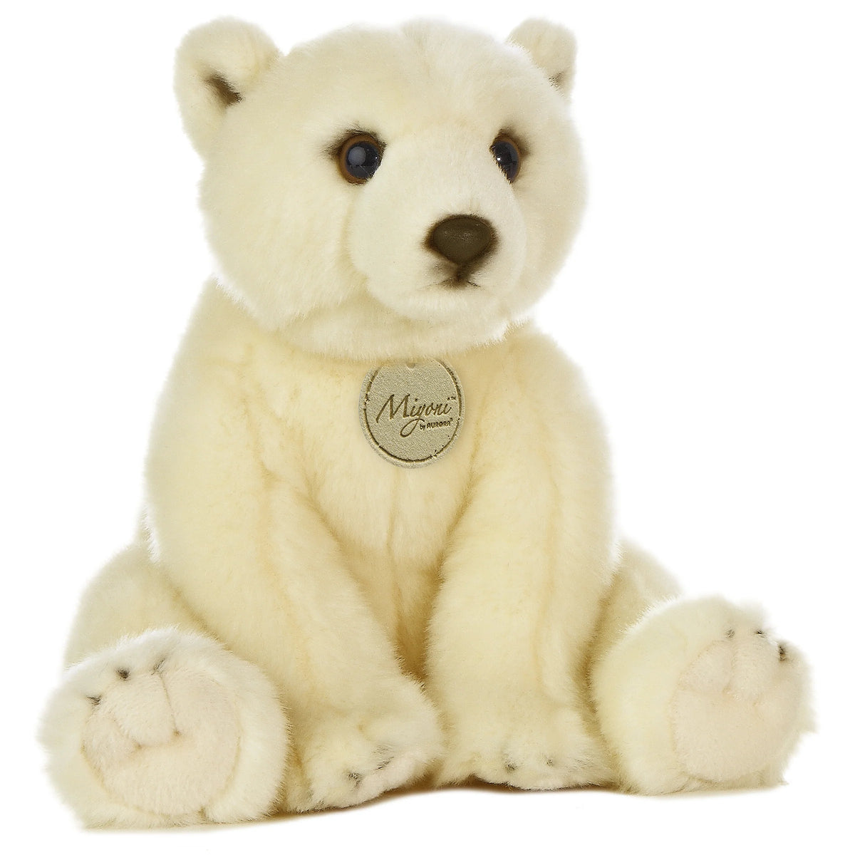 Aurora Miyoni Polar Bear lifelike plush stuffed animal sitting with snowy white fur and expressive eyes.