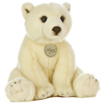 Aurora Miyoni Polar Bear lifelike plush stuffed animal sitting with snowy white fur and expressive eyes.