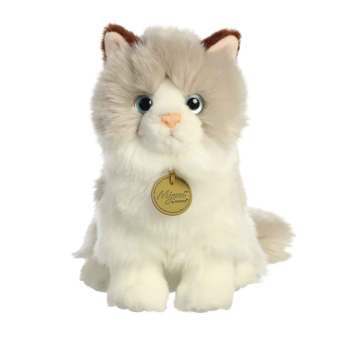 Aurora Miyoni Ragdoll Cat lifelike plush stuffed animal sitting with a white-grey coat, adorable blue eyes, and brown-tipped ears.