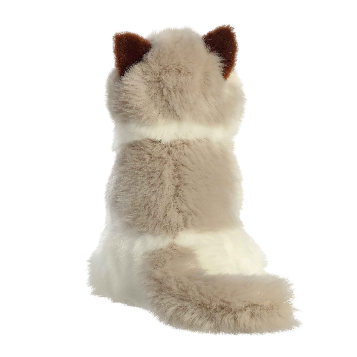 Aurora Miyoni Ragdoll Cat lifelike plush stuffed animal sitting with a white-grey coat, adorable blue eyes, and brown-tipped ears.
