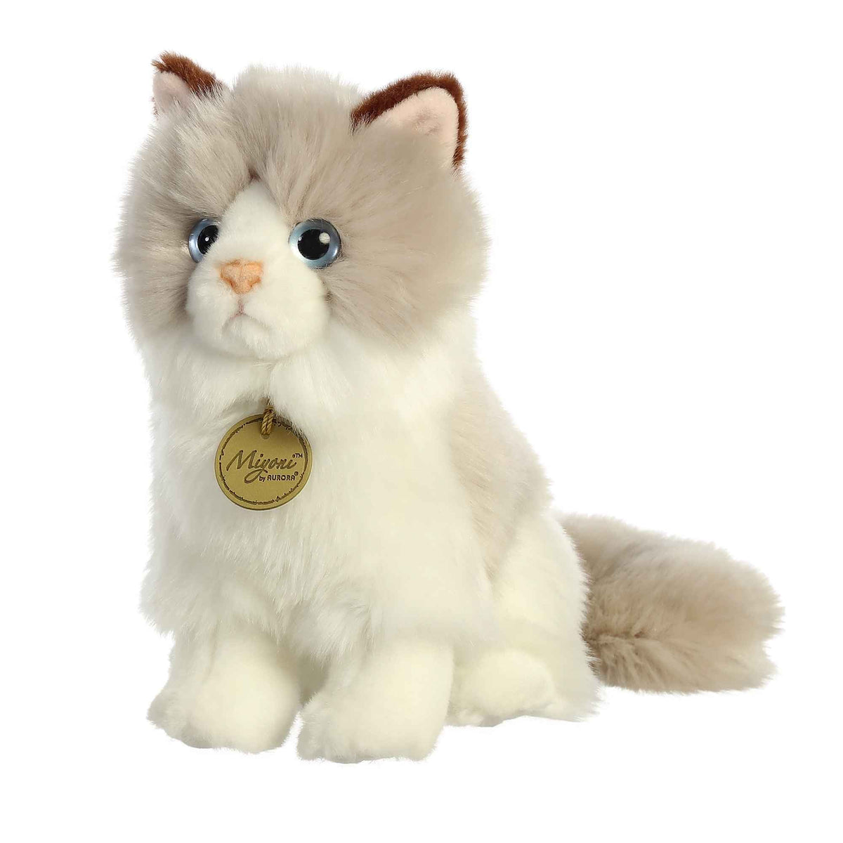 Aurora Miyoni Ragdoll Cat lifelike plush stuffed animal sitting with a white-grey coat, adorable blue eyes, and brown-tipped ears.
