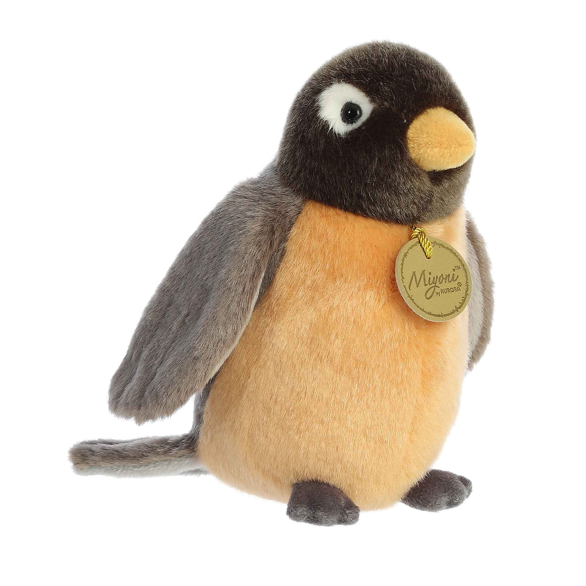 Aurora Miyoni Robin lifelike plush stuffed animal sitting with distinctive grey and brown colors and a bright yellow beak.