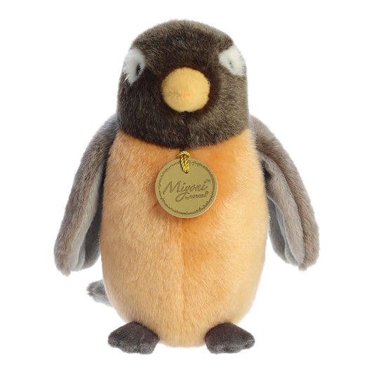 Aurora Miyoni Robin lifelike plush stuffed animal sitting with distinctive grey and brown colors and a bright yellow beak.