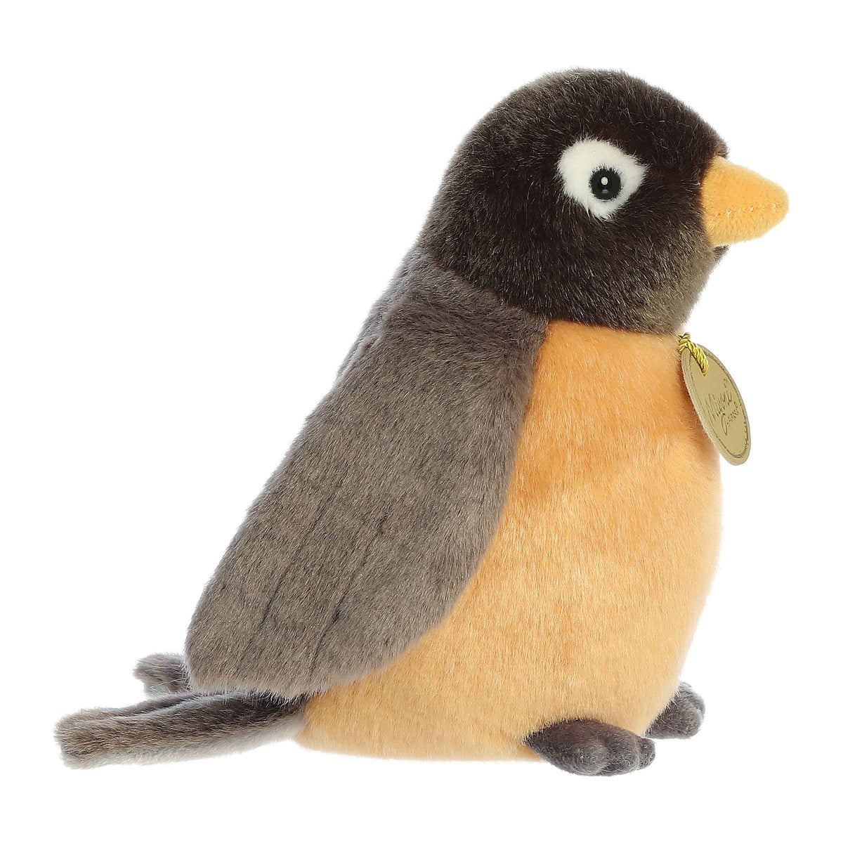 Aurora Miyoni Robin lifelike plush stuffed animal sitting with distinctive grey and brown colors and a bright yellow beak.