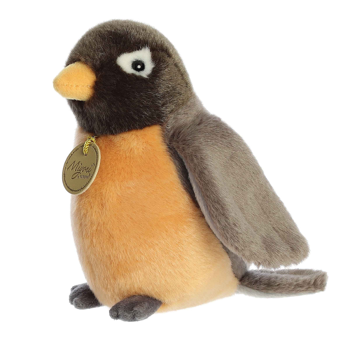 Aurora Miyoni Robin lifelike plush stuffed animal sitting with distinctive grey and brown colors and a bright yellow beak.