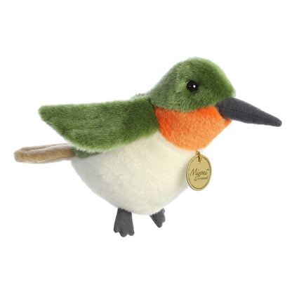 Aurora Miyoni Ruby-Throated Hummingbird lifelike plush stuffed animal with green feathers, a ruby-red throat patch, and a poised beak.
