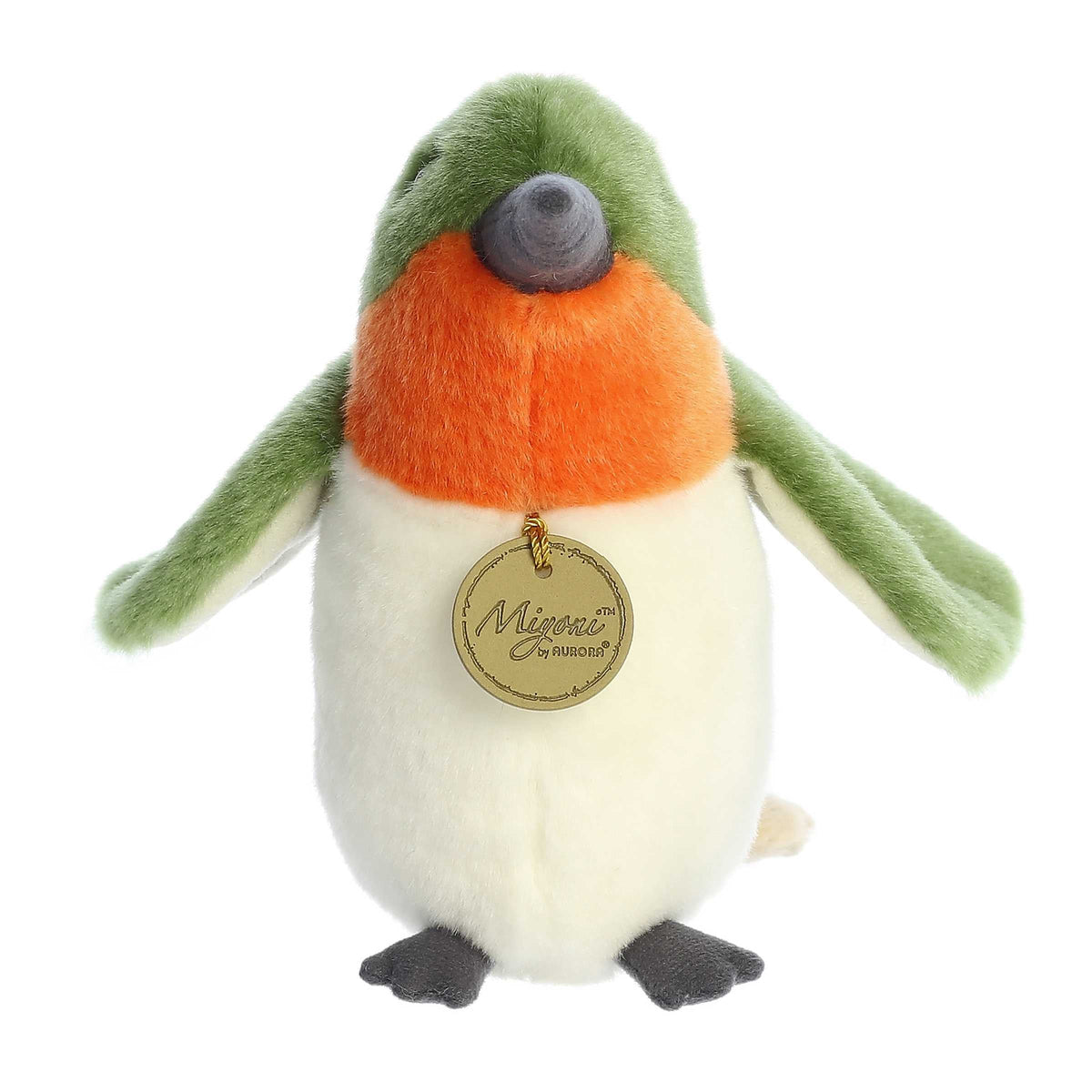 Aurora Miyoni Ruby-Throated Hummingbird lifelike plush stuffed animal with green feathers, a ruby-red throat patch, and a poised beak.